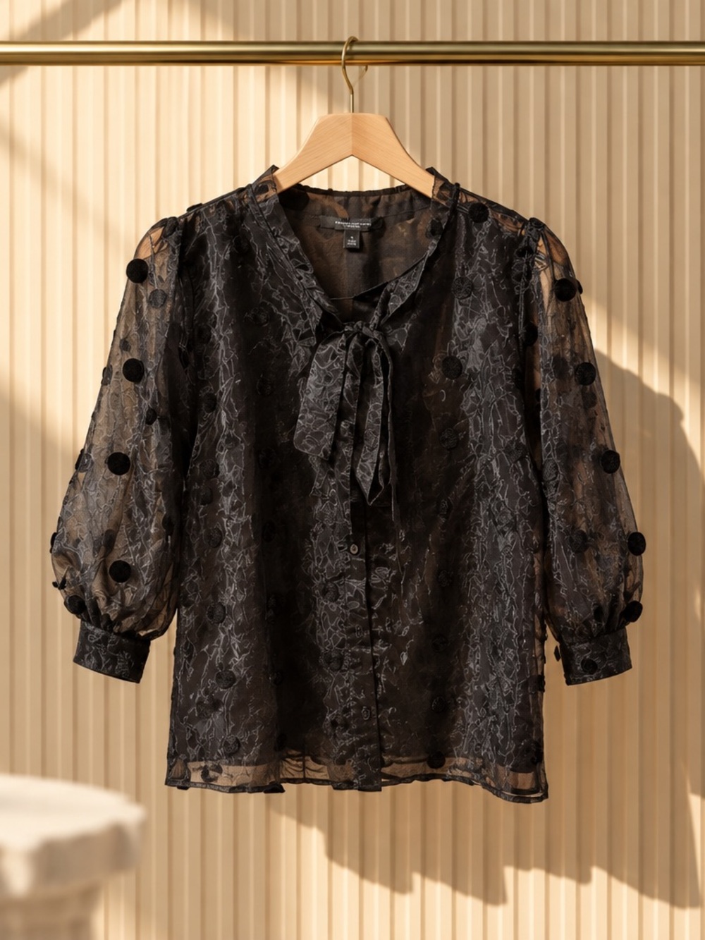 Semi-Sheer Black Tie-Neck Blouse with Puff Sleeves